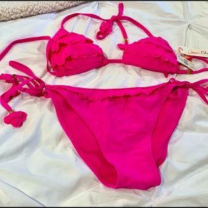 Neon Pink Triangle top bikini with lace ruffles and gold metal accents